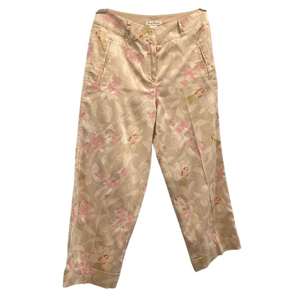 Vtg Tommy Bahama Womens Capris Size 2 Hawaiian Tropical Beige Floral Cotton Silk